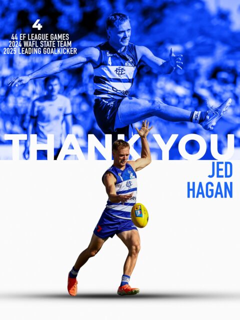 We want to thank Jed Hagan, who will be heading to Tasmania to join the Devils in the VFL next season.Across his time in the blue and white, Jed made a huge impact on and off the field playing 44 league games, earning WAFL State Team honours in 2024 and finishing as our 2025 Leading Goalkicker.Jed will be missed around Shark Park, but we wish him all the very best in this next chapter