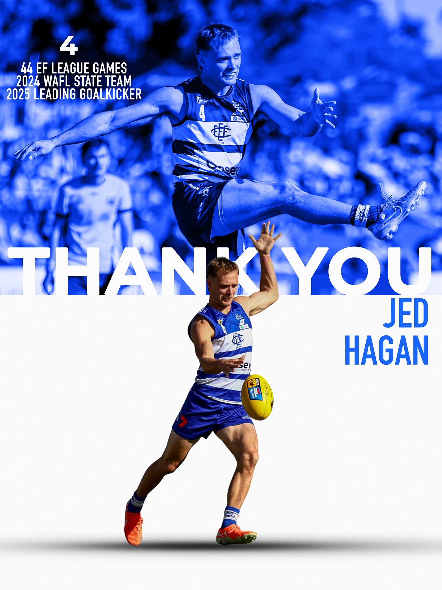 We want to thank Jed Hagan, who will be heading to Tasmania to join the Devils in the VFL next season.Across his time in the blue and white, Jed made a huge impact on and off the field playing 44 league games, earning WAFL State Team honours in 2024 and finishing as our 2025 Leading Goalkicker.Jed will be missed around Shark Park, but we wish him all the very best in this next chapter