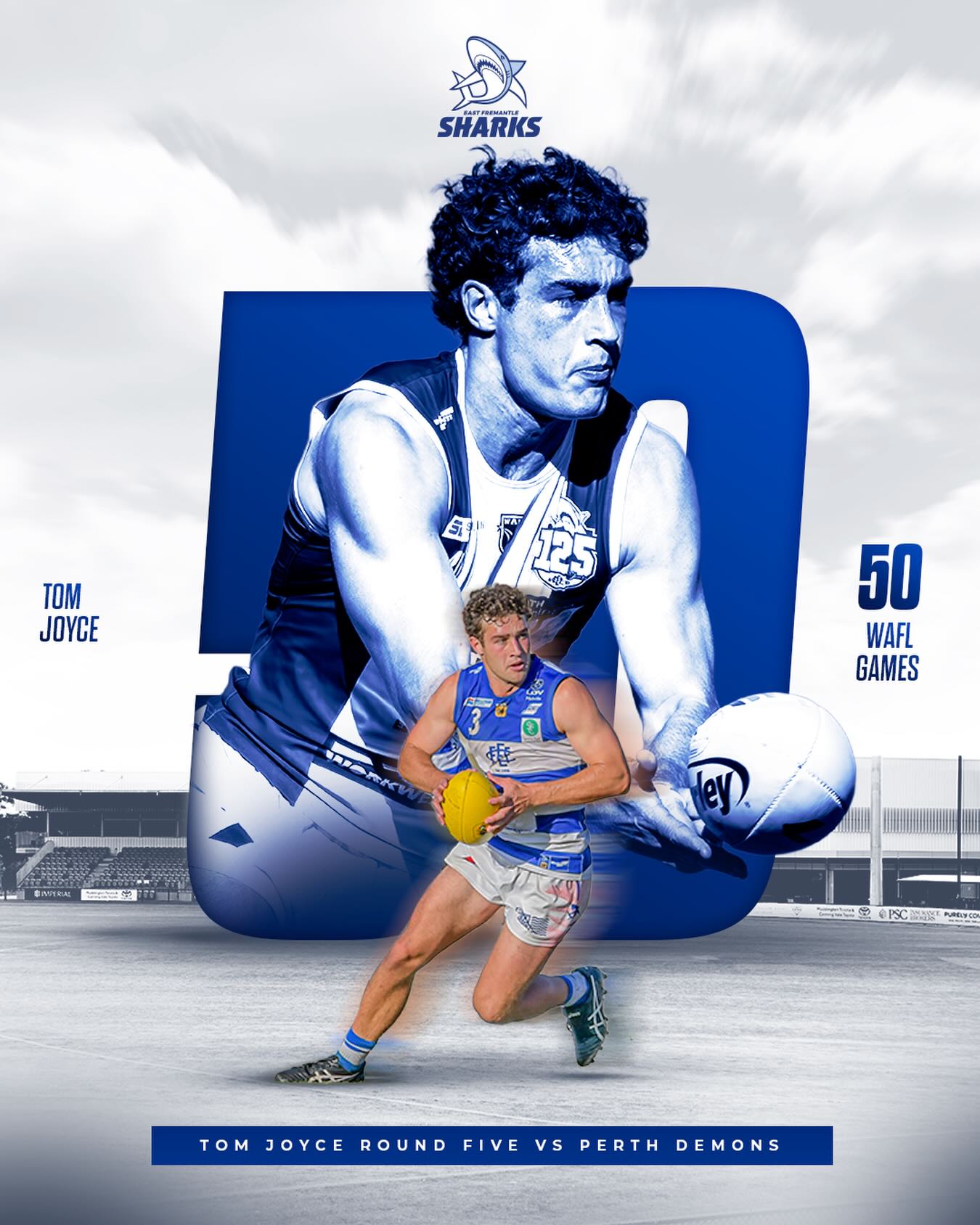 Congratulations to Tom Joyce, who plays his 50th WAFL Game tomorrow against the Perth Demons. Make sure you get down to cheer on Tom and the rest of the Sharks as we aim to get the win!