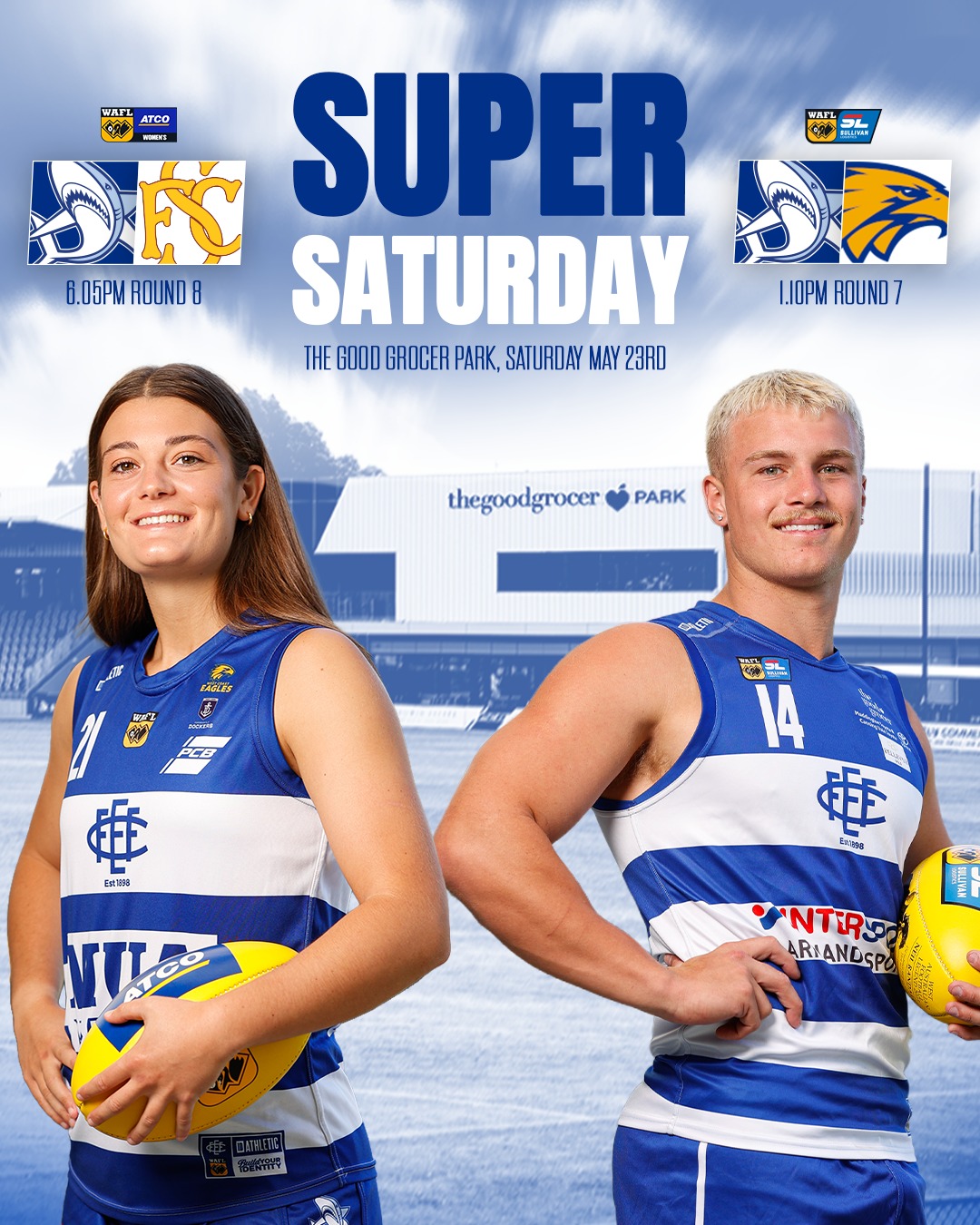 MASSIVE SATURDAY AT THE GOOD GROCER PARKJoin us this Saturday as we host all five grades of footy in what promises to be a great day of contests across the entire day!GAME TIMESCOLTS: 8:00 AM vs State 16s
RESERVES: 10:15 AM vs State 18s
WAFL: 1:10 PM vs West Coast Eagles
ROGERS CUP: 4:00 PM vs Subiaco Lions
WAFLW: 6:05 PM vs Subiaco LionsAs usual, entry is free at the Good Grocer Park, so make sure to bring down your family and friends and enjoy all the amenities and activations on offer for all ages.