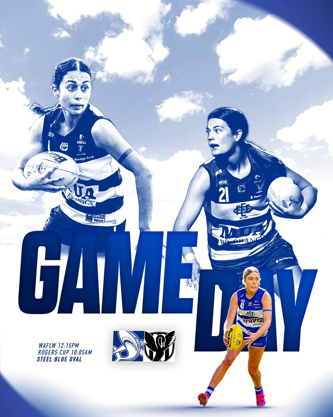 It's gameday! Get down to Steel Blue Oval to watch our WAFLW and Rogers Cup teams take on Swan Districts.