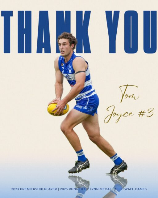 Thank you, Tom 💙🤍💙After a dominant 4-year career back at the Sharks Tom has decided 2026 will be his last year in WAFL footy. A runner-up in the 2025 Lynn Medal and a vital member of our drought-breaking 2023 premiership team, Joyce has made an immeasurable impact on the club and it’s history. The club is forever grateful for Joycey’s contributions both on and off the field and wish him all the best for the future.