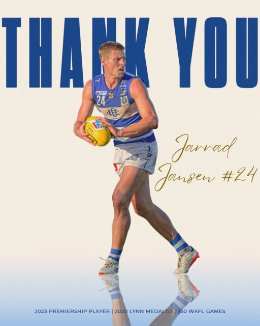 Thank you Jarrad💙🤍💙After an 8 year career in the blue and white, Jarrad Jansen will step away from the Sharks following his 150th WAFL match.Jarrad has been a strong and consistent contributor to the club for 8 years since his return from AFL footy. A vital member of the 23’ premiership team and the 2020 Lynn medalist, Jarrad will leave a profound and lasting legacy both on and off the field.The East Fremantle Football Club would like to extend a heartfelt thank you to Janno for his years of service to the club and wish him and his family all the best in their next chapter.