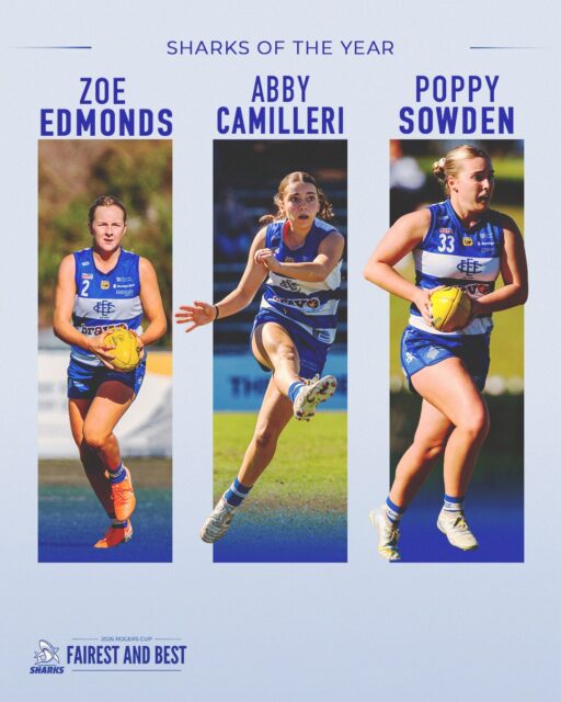 Congratulations to Zoe, Abby, Poppy, Stella, Lucinta and Avuya for winning the Shark of the Year, Rookie of the Year, Leading Goal Kicker, and Player of the Finals awards respectively.