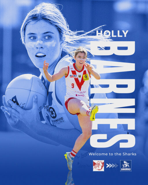 🦈 HOLLY BARNES JOINS THE BLUE AND WHITE!

East Fremantle Football Club is excited to announce the addition of Holly Barnes from South Fremantle for the 2027 season!

An inside midfielder with strong ball-winning ability, Holly thrives in the contest, adding a competitive presence and enthusiasm to our midfield group.

Originally from the Jandakot Jets, Holly progressed through South Fremantle’s Rogers Cup program, receiving the Most Improved Player award in 2023. Her development continued with an impressive 2026 season, finishing third in the Bulldogs’ Rogers Cup Fairest and Best.

Holly now begins an exciting new chapter at East Fremantle, and we look forward to supporting her development as she works towards opportunities within our WAFLW program.

Welcome aboard, Holly. We cannot wait to see what you bring to the Sharks!