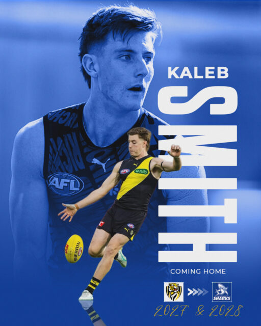 "KALEB'S COMING HOME🦈💙

After 4 years at Richmond Tigers, we are excited to announce Kaleb's return to The Good Grocer Park with a 2-year deal. 

Kaleb was taken at pick #49 in the 2022 AFL draft and played 12 AFL games. 

"To have the opportunity to return to the place where it all began is something I’m incredibly grateful for. The Sharks played such a big part in my journey, putting me in the fortunate position to go over east and fulfil my dream of AFL for the past four years."
 
"For me, it’s going to mean a lot more than just putting the jersey back on. It’s about reuniting with the club and community that helped shape not only the footballer, but the person I am today. This club holds so many great memories for me, the friendships, the staff, and the community is what makes this club so special. I’m excited to see what we can do in 2027 and the many years to come!

Time to come home and run around Shark Park again in the blue and white!

FINNS UP!🦈" - Smudge